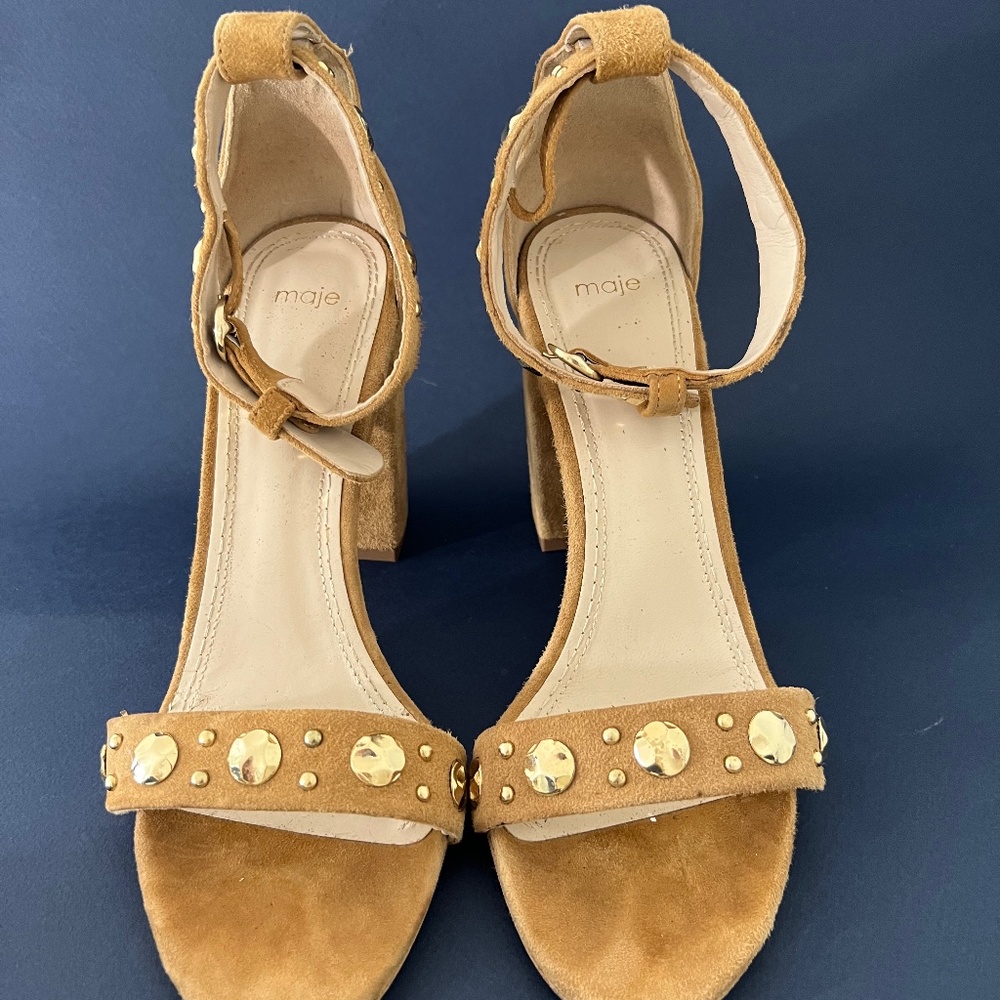 Maje  Faria Camel Beige Suede Studded Heeled Sandals